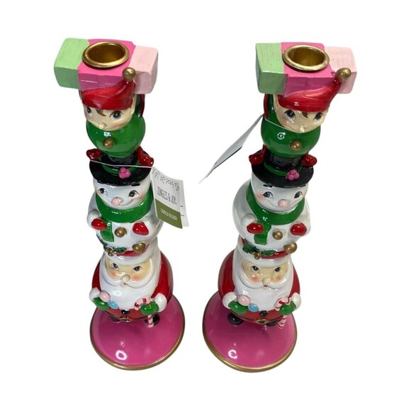 Jingles & Joy Elf Snowman Santa Christmas Candlestick Candle Holders Set Holiday - Picture 3 of 4